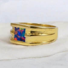 Black Opal Square Cut With 925 Sterling Silver Gold Plated Ring For Men's #799