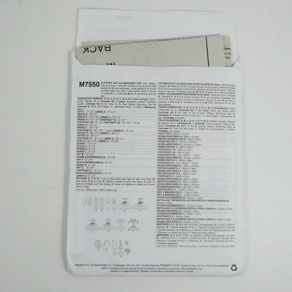 McCalls 7550 Misses Doll Clothes 11.5 inch Accessories Sewing Pattern Uncut - Image 3 of 4