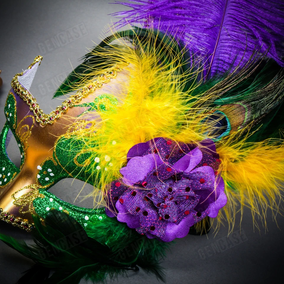 Venetian Elegance Side Feather Masquerade Stick HandHeld Mask Mardi Gras Green - Image 3 of 4
