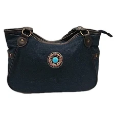 Canyon Sky Denim Shoulder Bag Faux Turquoise Gold Western Boho Purse Medium Blue