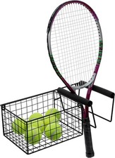 MyGift Hanging Metal Tennis Racquet and Ball Storage Basket Black