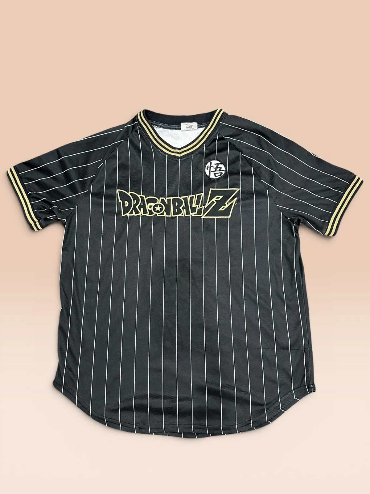 Dragon Ball Z Jersey Shirt Medium Black Gold Pinstripe Goku Embroidered Y2K