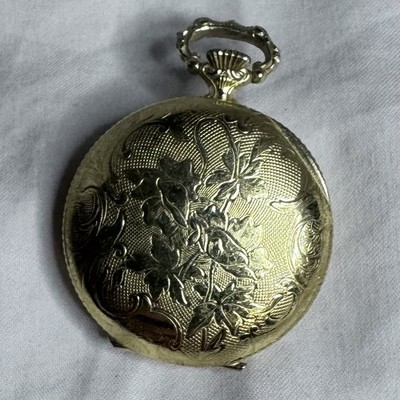 Vintage Sheffield Pocket Watch Gold Tone Embossed Floral Design Hand Wind Works