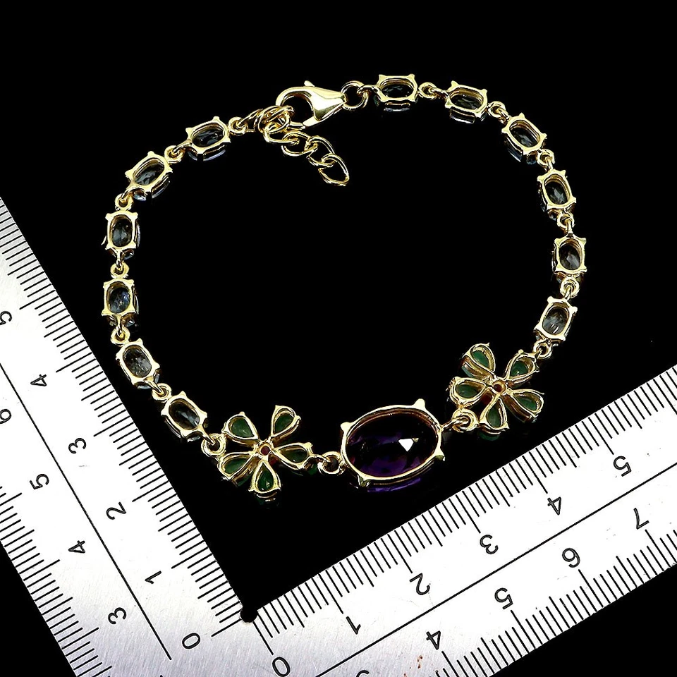 925 Sterling Silver Bracelet Oval Amethyst 14x10mm Emerald Topaz Gemstone 7in - Image 3 of 4