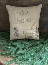 Primitive Stitchery  Handstitched Primitive Christmas Ornie Mustard  Trees Cabin