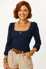 Shein Navy Ribbed Square Neck Ruffle Shoulder Long Sleeve Top Womens Preppy S