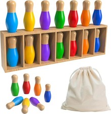 Color Matching Toy Set for Kids, Wooden Bowling Color Matching Game with 7