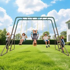 Metal Swing Sets Outdoor for Kids Heavy Duty Backyard Playset w/ Trapeze Ladders