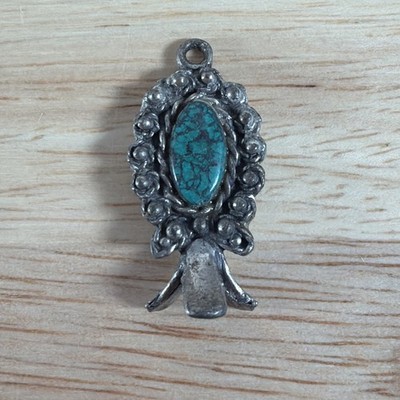 Vintage Southwest Silver Tone Faux Turquoise Squash Blossom Pendant SANCREST