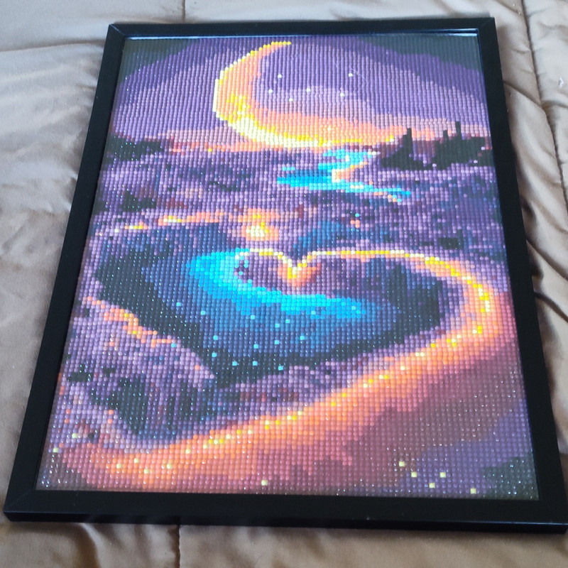 Handmade Framed Handcrafted Diamond Art Wall Hanging Heart and Moon Scene Decor