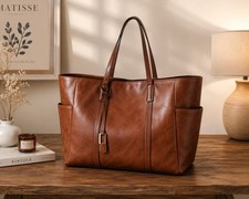 Women s Large Brown Leather Tote Bag Shoulder Handbag Purse Zip Pocket