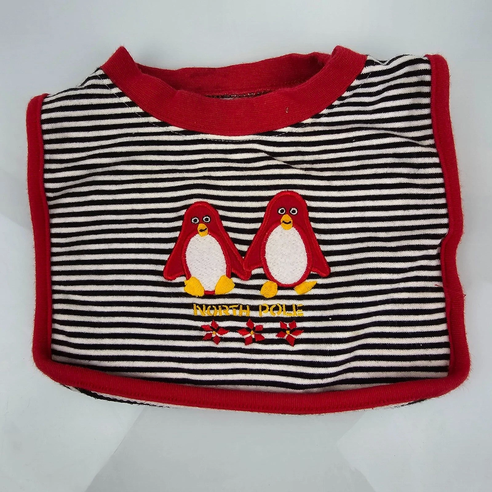 Vintage 90s Gymboree North Pole Penguin Bib Black White Red Stripe Snow Flower