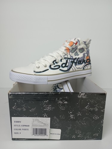 Ed Hardy Tibby Schädeldruck High Top Sneaker EH9066H in weiß Größe 9 neu im Karton