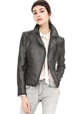 Banana Republic Metallic Gunmetal Tweed Jacquard Blazer Jacket Size 8 Moto