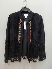 CHICO'S 159 Embroidered Flowers Lace Black L/S Jacket Size 1 US 8-10 Fall NWT