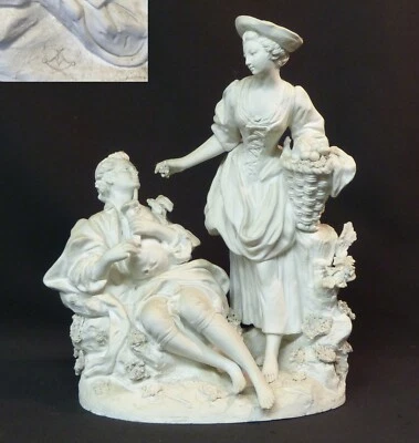 AA18èm Sèvres V 1760 groupe porcelaine biscuit 29cm2.8kg couple galant cornemuse - Photo 1/4