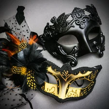 Venetian HandBlack Warrior Half Face & Glitter Black Feather Eye Couple Mask