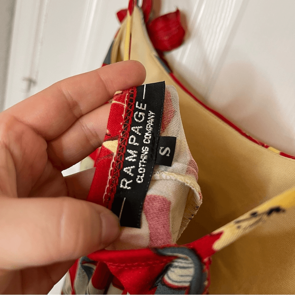 VTG 90s Rampage Red Hibiscus Ruffle Midi Dress Size S Tropical Vacation