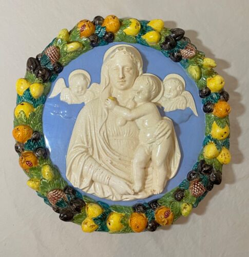 Antique Italian majolica Della Robbia glaze pottery religious Mary wall plaque - Picture 3 of 10