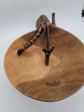 Vintage Wood African Giraffe Drinking From Wooden Bowl Hand Carved In Kenya
