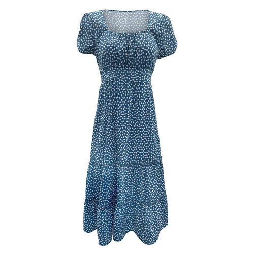 Womens Boho Short Sleeve Summer Print Dress Ladies Beach Casual Midi Sundresses - Picture 2 of 8