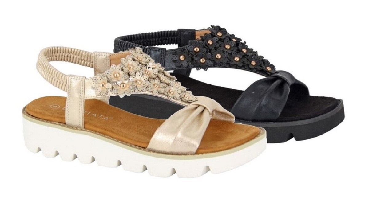 Women’s Salvia Sandals – Floral PU Flat Sandals With Elastic Straps & Comfortable Microfiber Insole