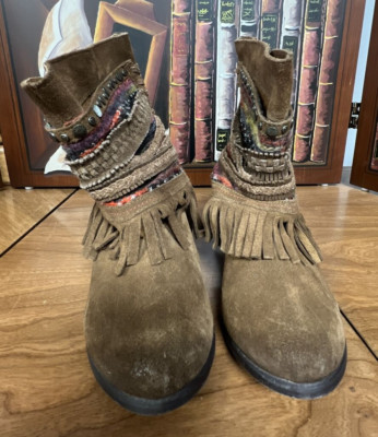 Naughty Monkey Brown Leather Ankle Boots Fringe & Straps Women's Size 7