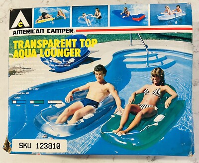 VINTAGE AMERICAN CAMPER SILVER TRANSPARENT TOP AQUA 66'' X 36'' LOUNGER FLOAT #M5