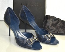 NUEVO GUCCI Zapatos de salón Cuero Horsebit dOrsay Azul Punta abierta Guccissima GG Zapatos 10