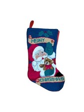 Latch Hook Rug Merry Christmas Stocking Santa Teddy Bear approx 19" X 8"