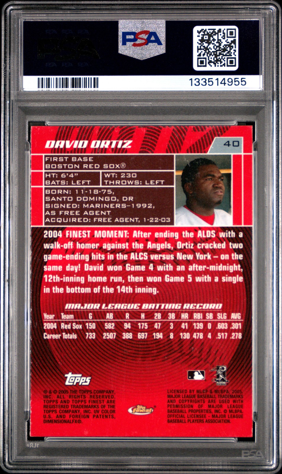 2005 TOPPS FINEST #40 DAVID ORTIZ PSA 10 view 2