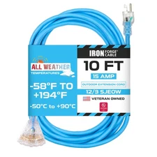 10 Ft All Weather Extension Cord with 3 Electrical Power Outlets - Extreme Cold