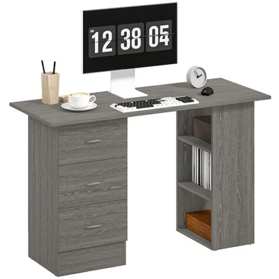 HOMCOM 120cm Computer Desk, Study Table with 3 Shelf & Drawers, Grey