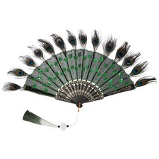Peacock Feather Hand Fan, 20s Vintage Folding Fan Flapper Hand Fan, 9", Green