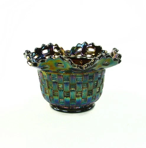 Fenton Glass Amethyst Carnival Open Edge Basket Weave Bowl Made 1971