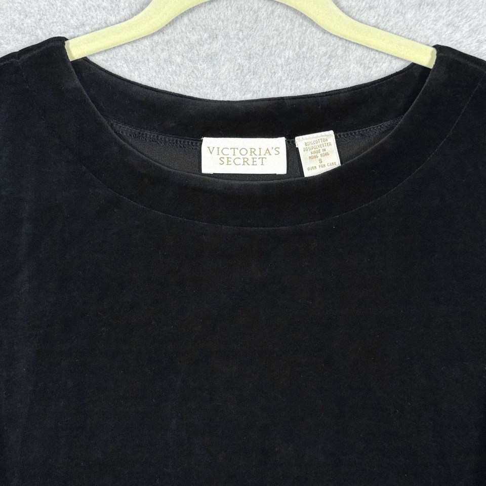 Vintage 90s Victorias Secret Top Womens Small Black Velour Crop Boxy Witchy Goth - Image 2 of 4