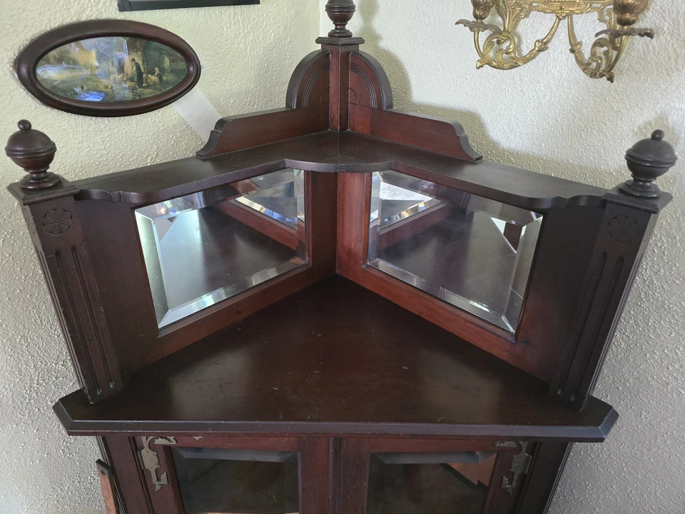Unique Victorian Style Antique Corner Cabinet Glass and Mirror with Shelves - Image 3 of 4