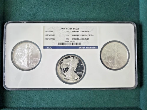 2007 American Silver Eagle 3 Coin Set NGC MS69, PF69 Early Releases 3oz silver