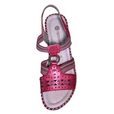 Remonte Sandals Women 37 Red Leather Wedge Boho Laser Cut Strappy Comfort Chic