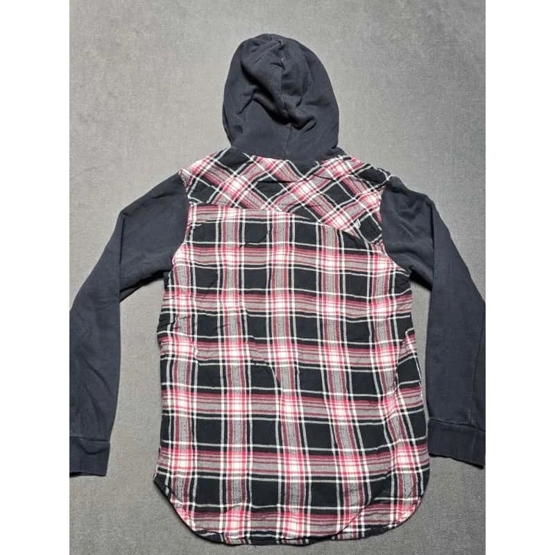 Volcom Hooded Flannel Shirt Jacket Button Up Red Black Plaid Womens  M - Image 4 of 4
