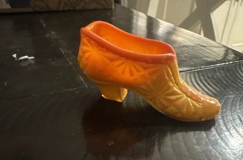 Vintage Fenton Orange Slag Glass Daisy Button Glass Shoe Princess Slipper