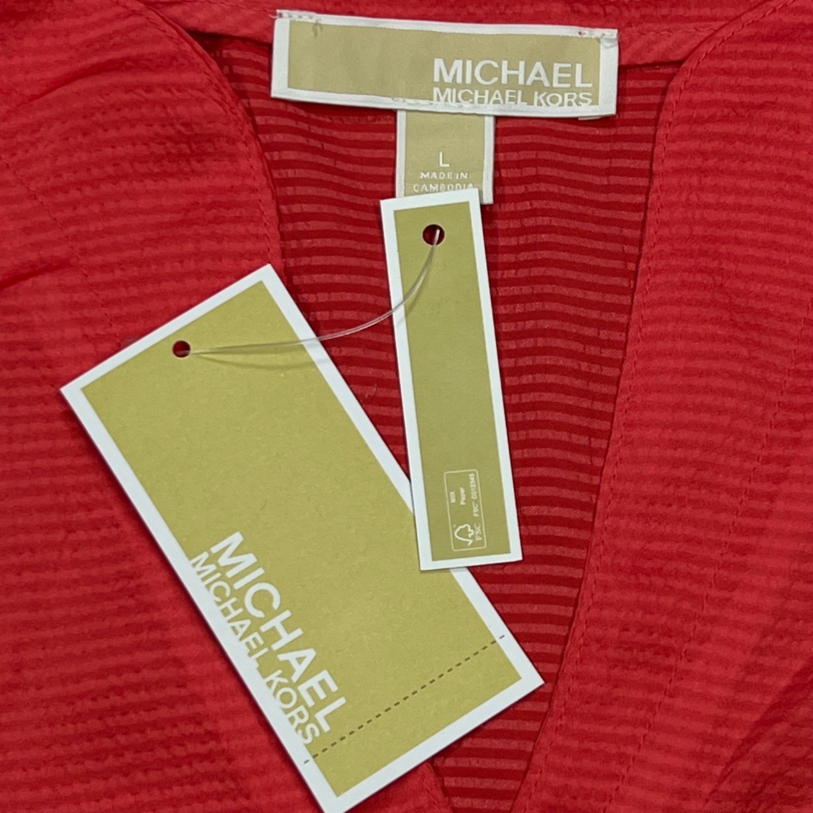 Michael Kors Womens Red Textured V-Neck Blouse W/ Sleeves & Tied Cuffs Size L thumbnail 12