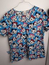 Disney Women Scrub TopMEDUIM Blue Mickey Mouse Allover Graphic Short Sleeve K