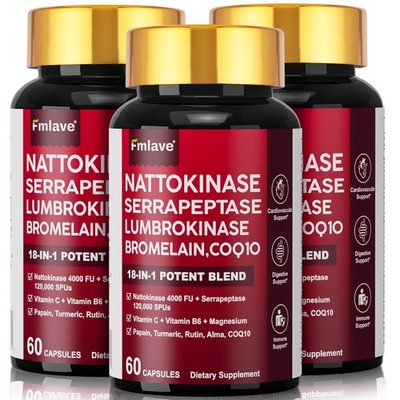 3pc Nattokinase 4000 FU Serrapeptase 120000 SPU Enzyme Supplement Turmeric 180ct