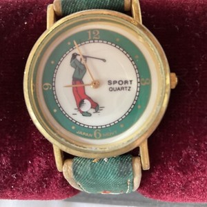 Authentic Sport Watch Golfer Man Leather Band Quartz Japan Movt No Battery 18K Gold Plated