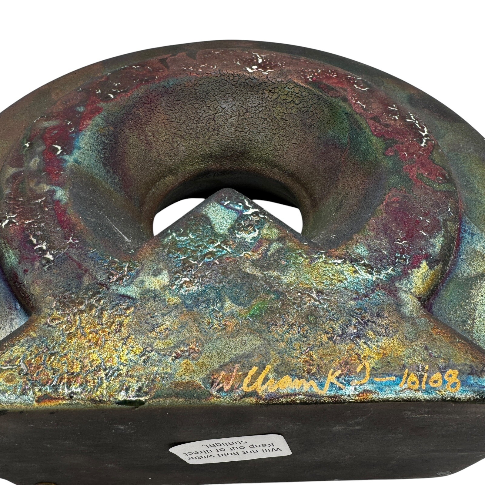 Signed William K Turner Studio Art Pottery Raku Round Iridescent Table Vase