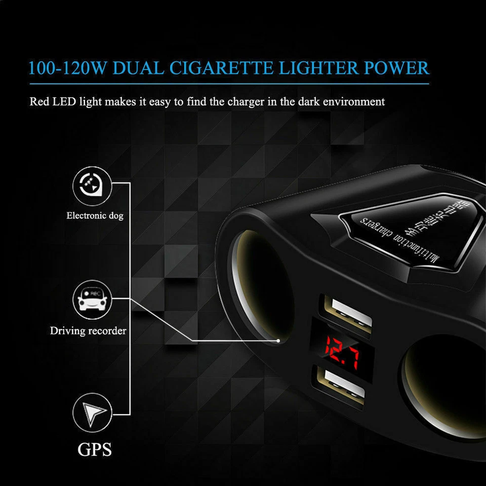 Car LCD Cigarette Lighter Socket Splitter Dual USB Charger Power Adapter DC 12V - Image 3 of 4