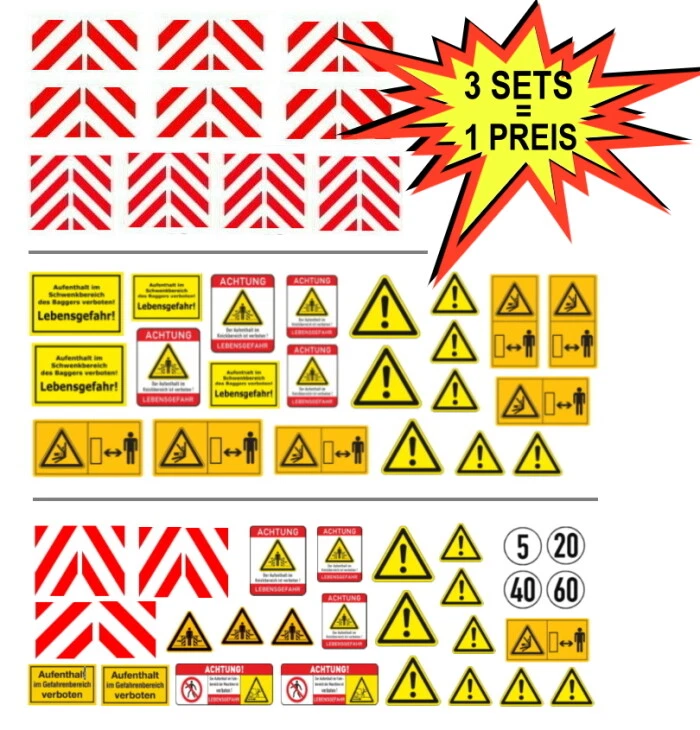 SDK-MODELLBAU-AUFKLEBER Baumaschinen Bagger Warntafel Warnzeichen Aufkleber-Set Decals - 1:14 - 1:16
