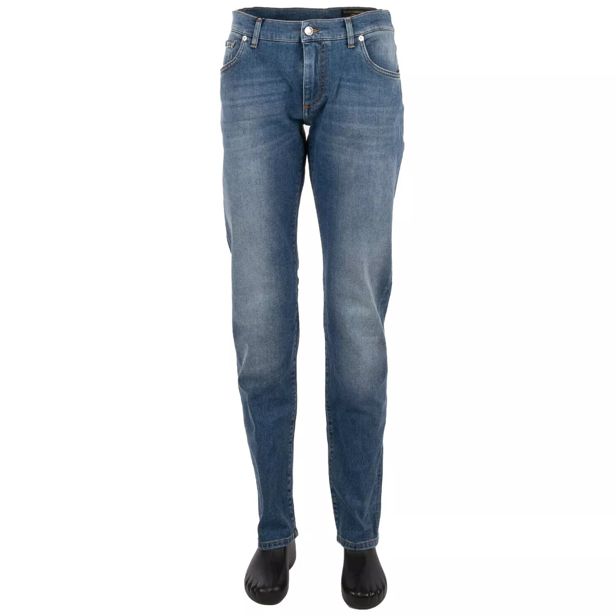 DOLCE & GABBANA Stretch GOLD Denim Jeans Trousers with Logo Plate Blue 11275