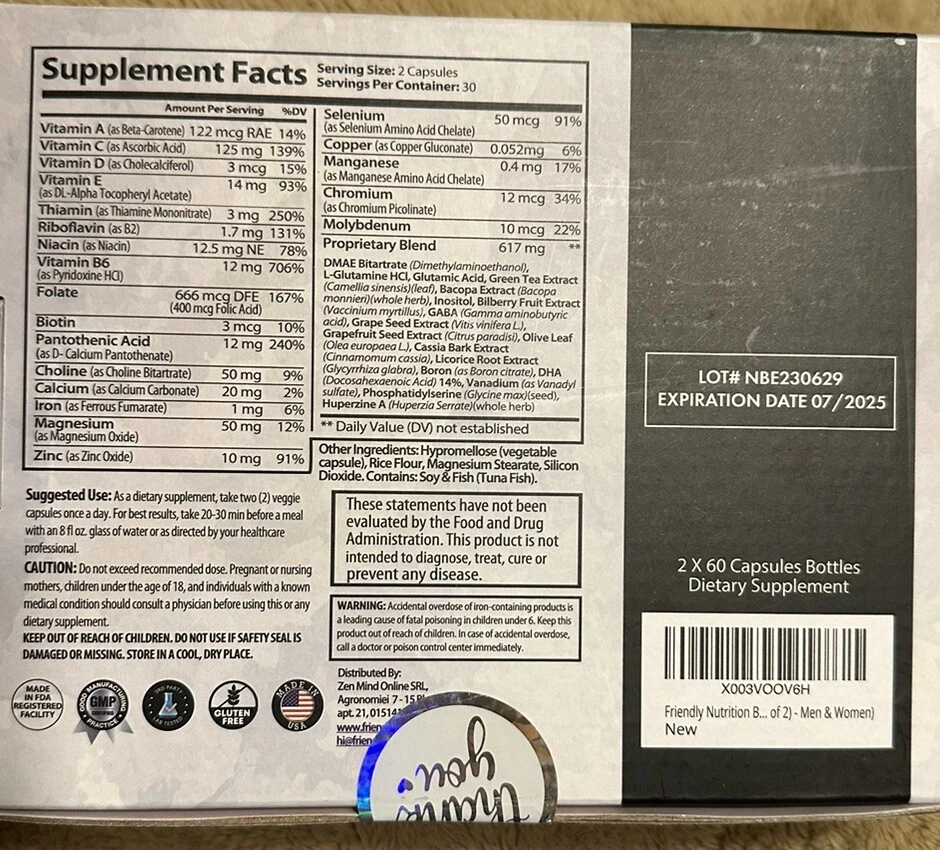 Friendly Nutrition Brain Elite Hombres y Mujeres Paquete de 2 Memoria, Enfoque 30 días 60Ct ¡NUEVO! Foto 3 de 4